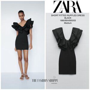 NWT ZARA SHORT FITTED RUFFLED MINI DRESS 1660/804 BLACK COCKTAILPARTY CLUBWEAR M